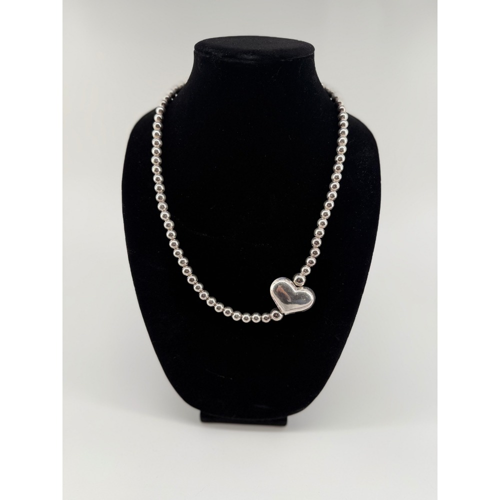 Silver Tone Ball Bead Necklace with Puffed Heart Pendant Asymmetrical 24 Inch
